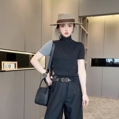 拼色针织短袖毛衣女2025新款