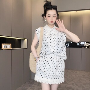 蕾丝花边波点套装女2025新款翻领砍袖衬衫+半身裙短裙两件套欧货