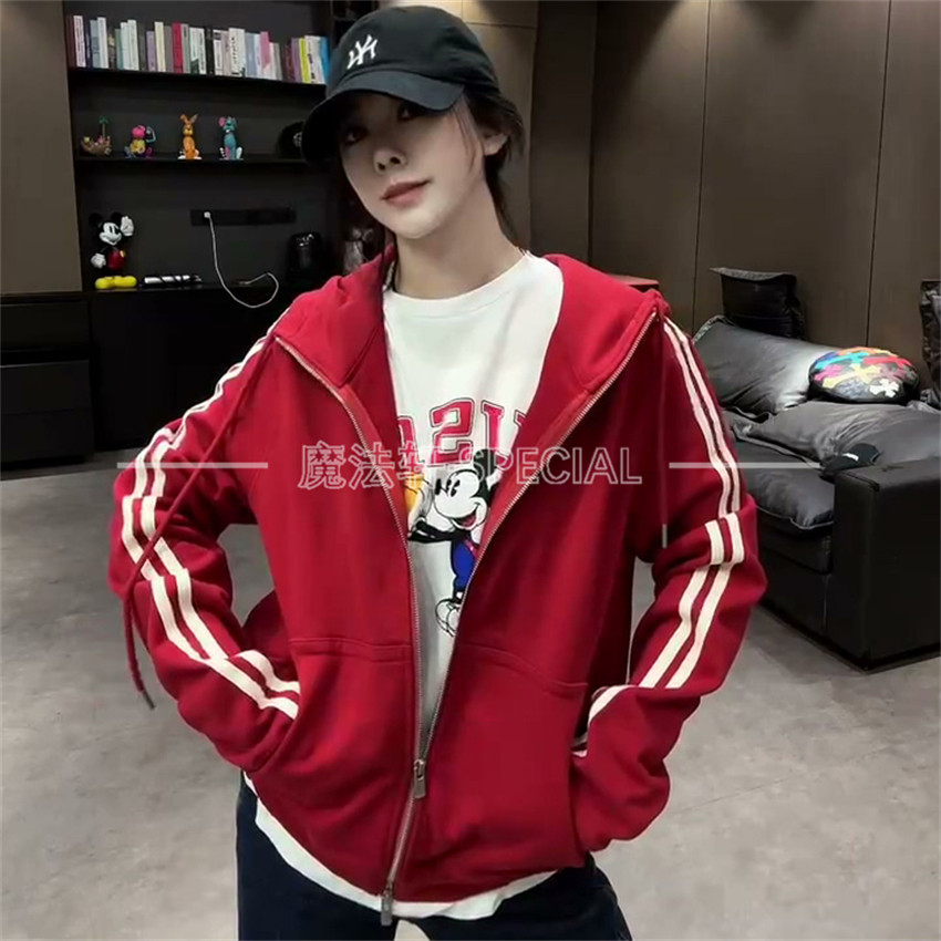 运动风连帽拉链卫衣外套女2026春新款宽松休闲条纹开衫上衣欧货q