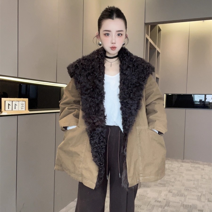 毛领派克服羽绒服女2025新款冬中长款大翻领口袋保暖外套欧货上衣