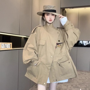 【现货】外套女款秋季纯色大口袋拉链立领长袖风衣2025新款上衣潮