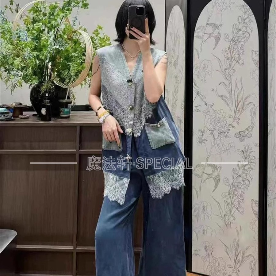 铜氨丝拼天丝牛仔套装女2025新款夏V领马甲+阔腿裤八分裤两件套Q