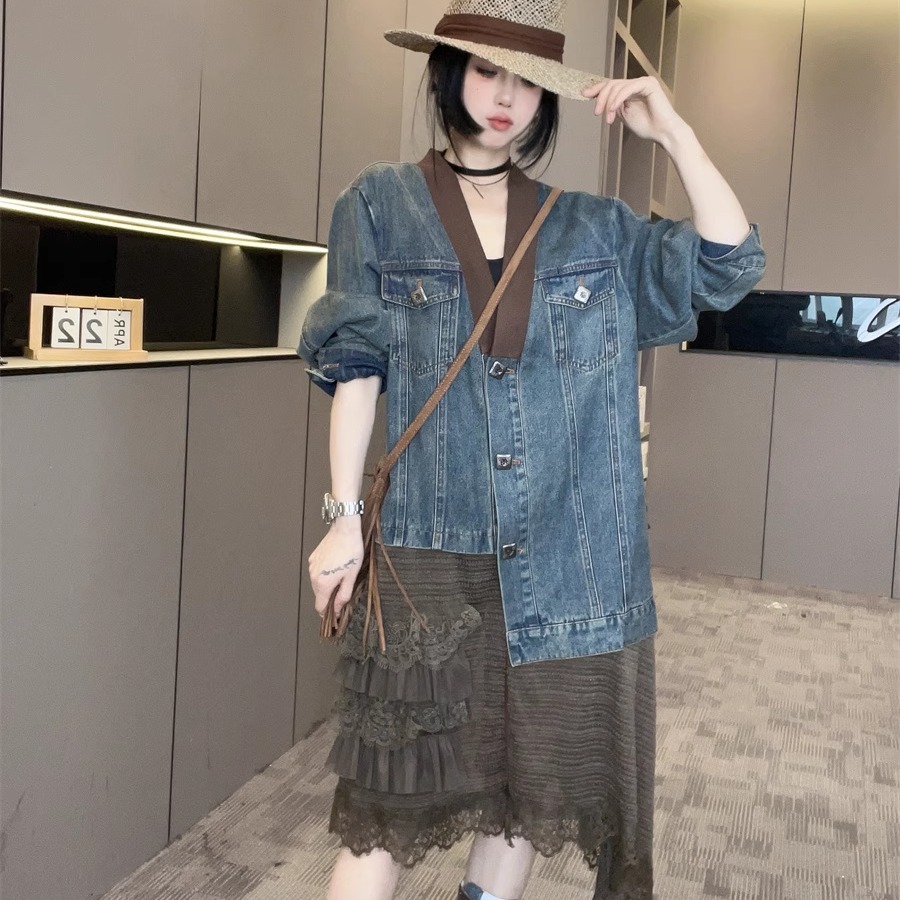 蕾丝拼接牛仔外套女2025新款