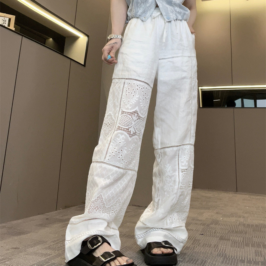 【现货】镂空蕾丝休闲裤长裤女2025夏新款高腰显瘦阔腿裤洋气裤子