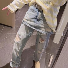 水洗破洞牛仔裙裤女2025春夏新款腰带高腰直筒长裤欧货洋气裤子Q