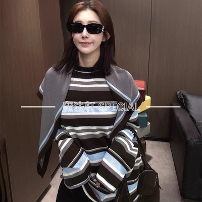 可拆披肩长袖条纹T恤女2025新款
