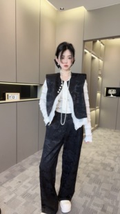 蕾丝拼接上衣女长裤 国风马甲套装 女2024新款 夏季 纯色两件套欧洲站