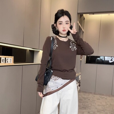 花朵刺绣长袖T恤女2025新款