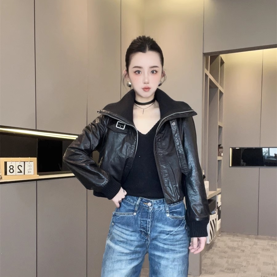 针织翻领皮衣女2025新款