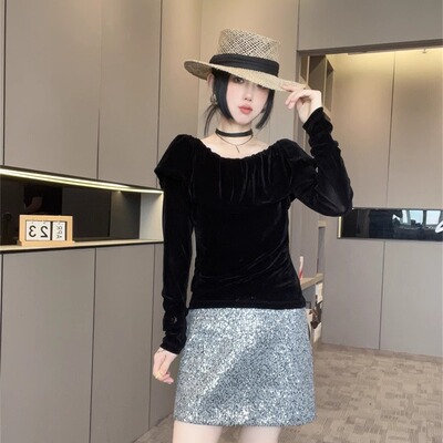 纯色荷叶边长袖丝绒衫女