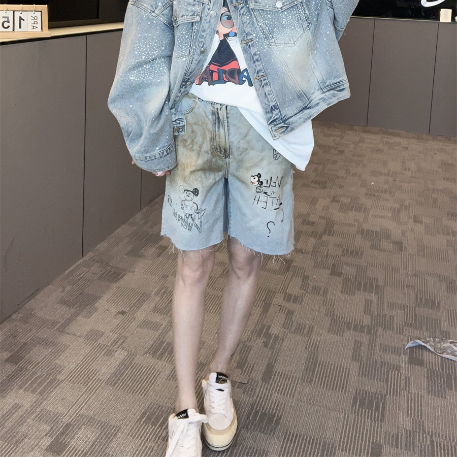 春季女士高腰阔腿印花做旧牛仔裤