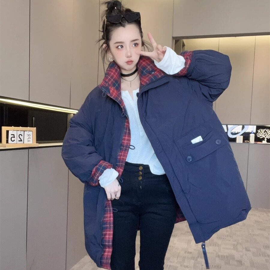 两面穿羽绒服女2025新款大口袋冬季外套格子纯色中长款上衣欧货潮