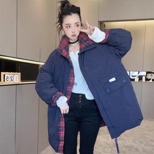 两面穿羽绒服女2025新款大口袋冬季外套格子纯色中长款上衣欧货潮