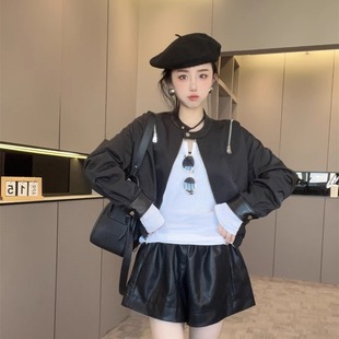 夹克洋气欧货潮时髦上衣 拼皮圆领拉链短款 外套女2025新款 秋季 长袖