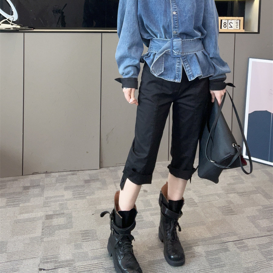 高腰显瘦开叉七分查理裤女