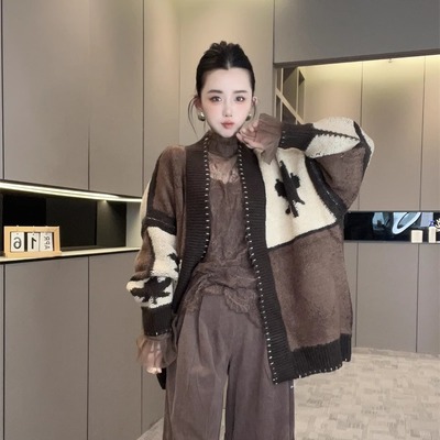 撞色针织羊毛开衫女2025新款