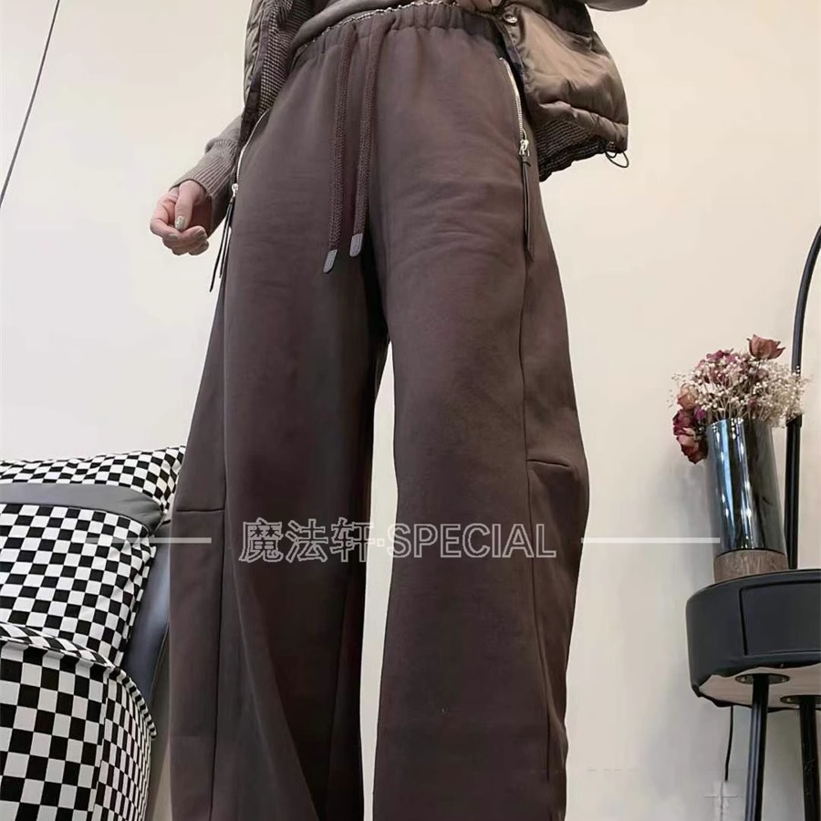 加绒纯色休闲裤女2025新款冬拉链口袋系带高腰显瘦梧桐裤长裤子Q