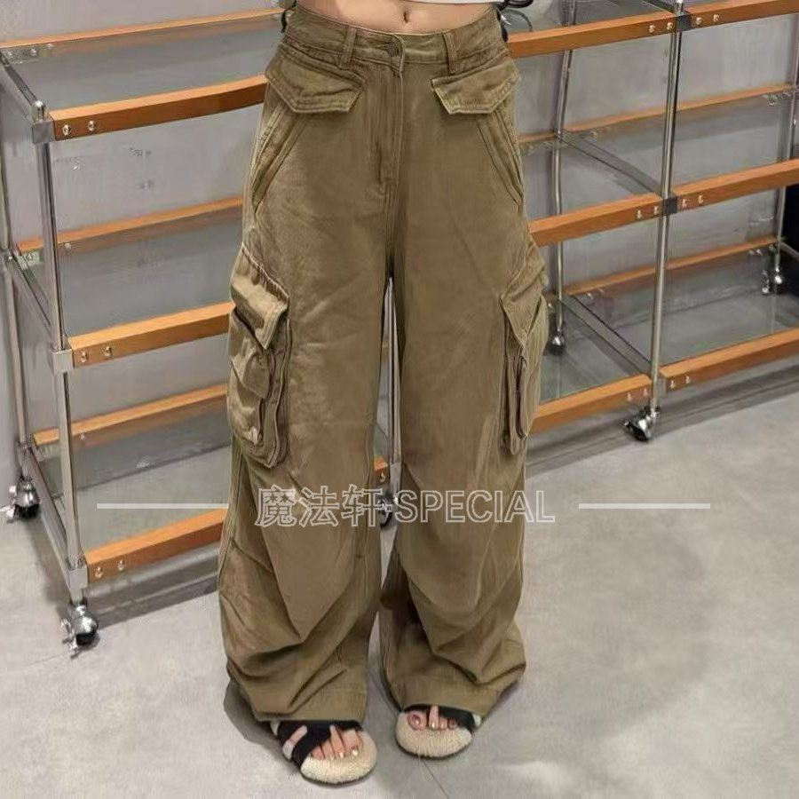 秋新工装高腰显瘦多口袋牛仔裤女