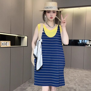 连衣裙套装女25新款夏U领条纹背心裙+砍袖T恤裙子两件套欧洲站潮