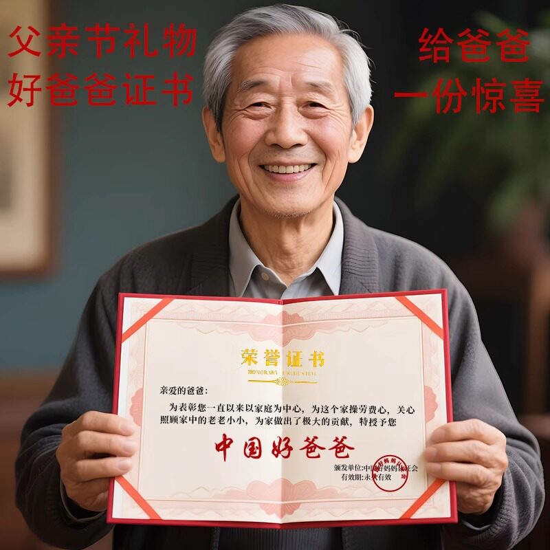 荣誉证书可定制中国好爸爸奖状父亲节礼物仪式感丝绒烫金升级高级感款式加大款新版趣味证书送爸爸的生日礼物