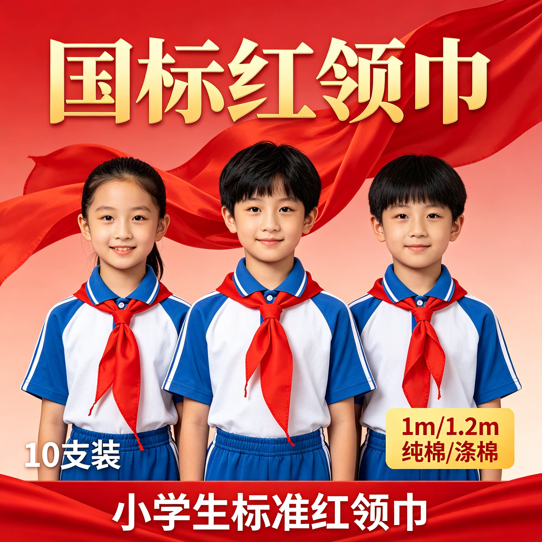 红领巾小学生小号国标纯棉专用不掉色大号纯棉柔软1.2m二年级不褪色薄款透气标准尺寸少先队员入队必备批发