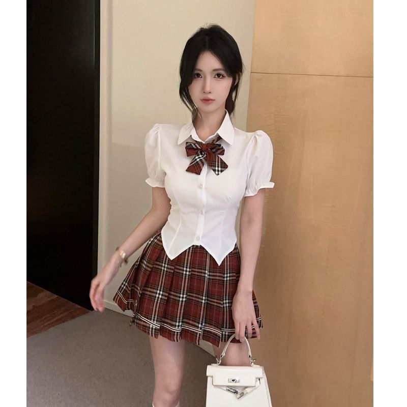 jk制服套装女夏季学院风泡泡袖收腰衬衫+格子高腰半身裙两件套