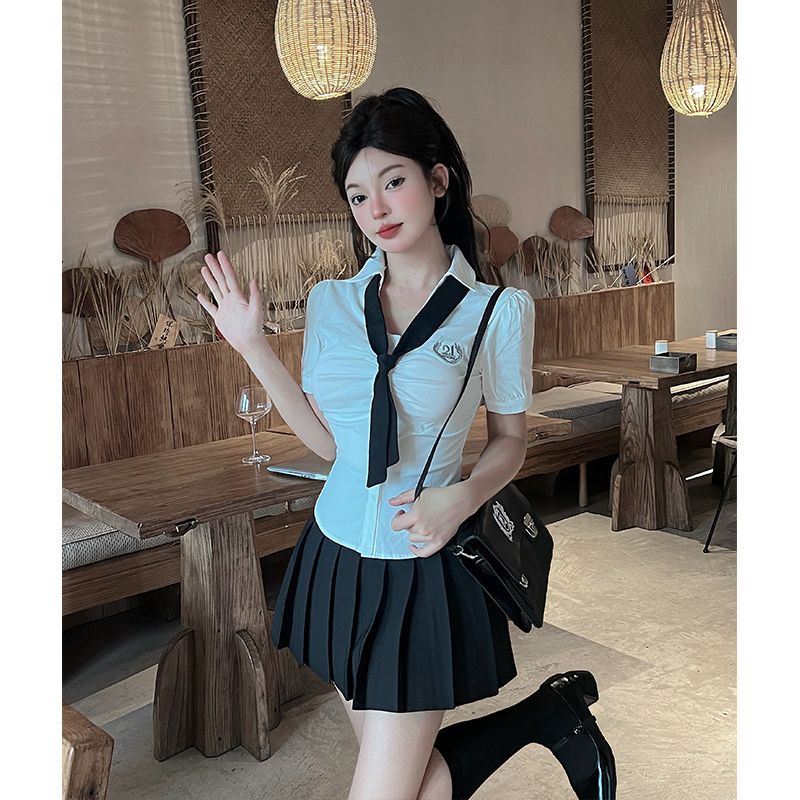 学院风甜美设计感jk制服学院修身领带减龄衬衫纯欲显瘦百褶裙套装