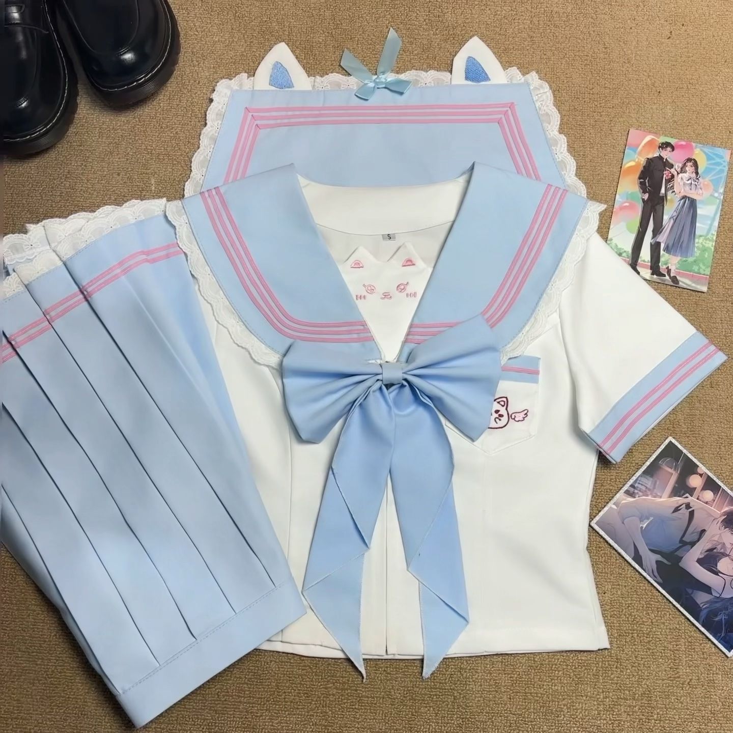 原创正版粉蓝小猫jk水手服JK短袖学院套装可爱日系甜美制服新年
