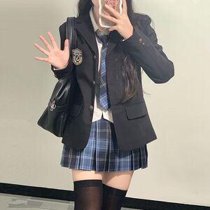原创本佐中jk制服西装外套女校供感秋冬款学院风学姐黑色西服套装