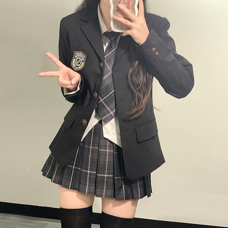 原创本佐中jk制服西装外套女校供感春季款学院风学姐灰色西服套装