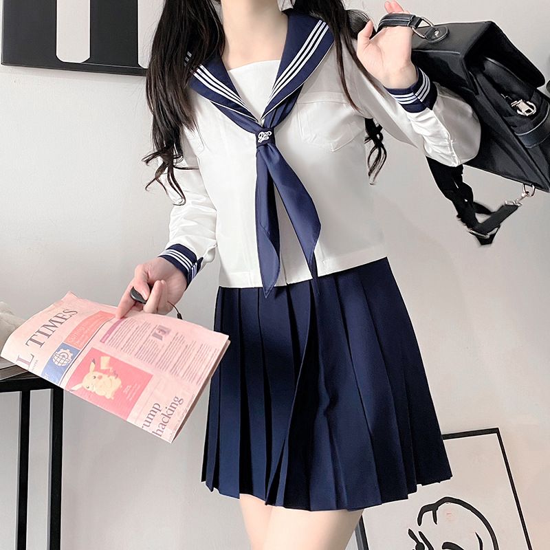 正版基础款绀色领巾白三本jk制服海军风水手服日系校服中间服套装