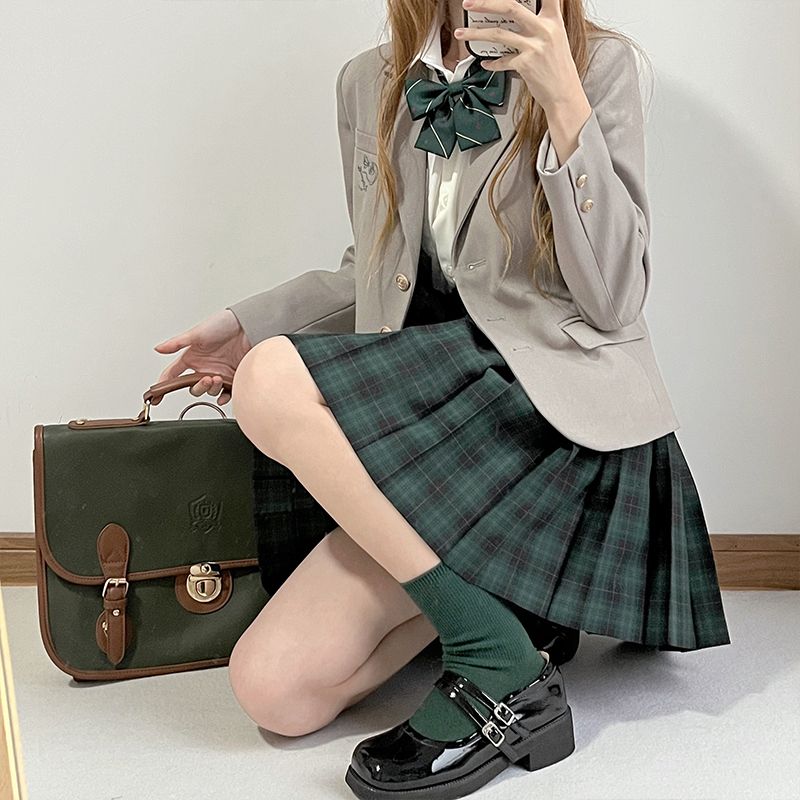 中牌JK制服格裙薄款毛料半身裙学院风百褶裙短裙校服中长春夏