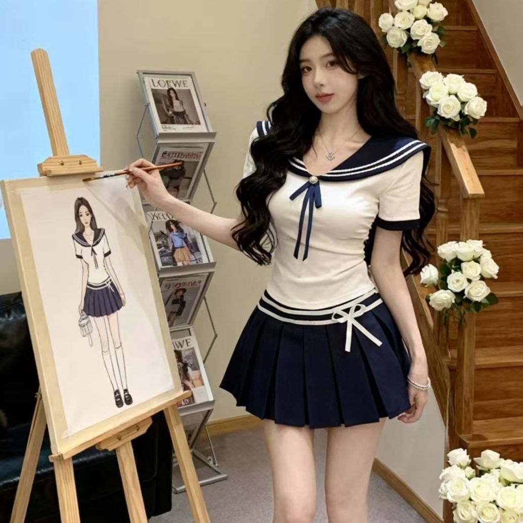 学院风海军领短袖t恤女夏季纯欲辣妹短款上衣独特绝美jk制服套装