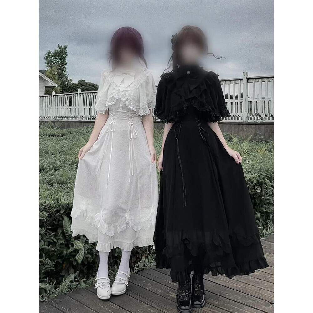 黑鹅天使 日系Lolita收腰复古设计感优雅cal系蕾丝修身显瘦连衣裙