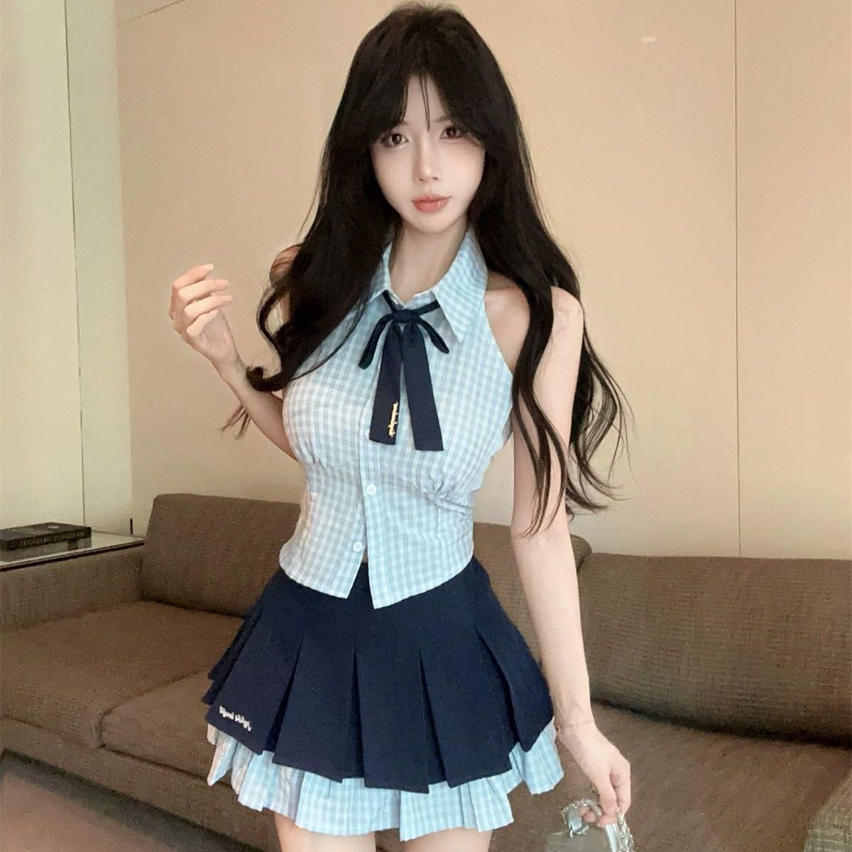 学院风时尚套装新款jk制服辣妹纯欲格子无袖挂脖衬衫高腰半身短裙