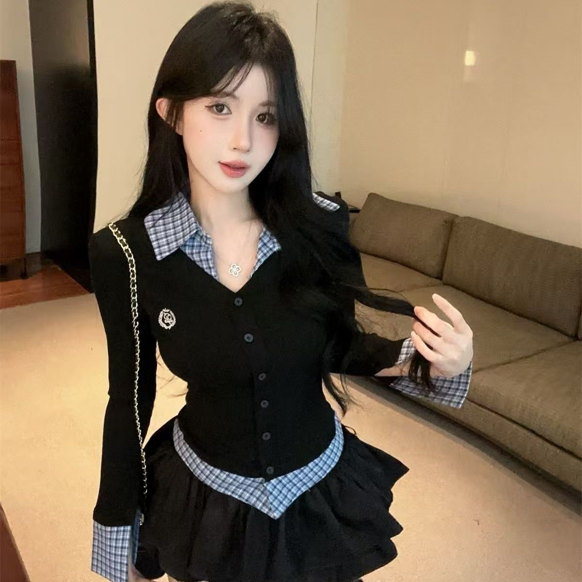 学院风jk制服套装辣妹修身假两件长袖上衣蓬蓬半身裙时尚套装新款