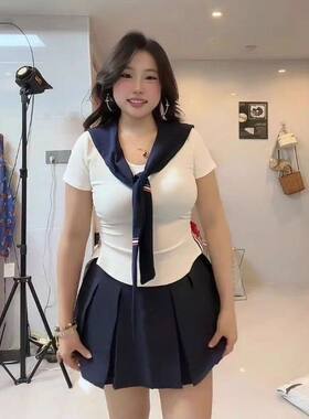 JK水手服学院风海军领短袖T恤套装气质足浴技师工作服按摩工衣女