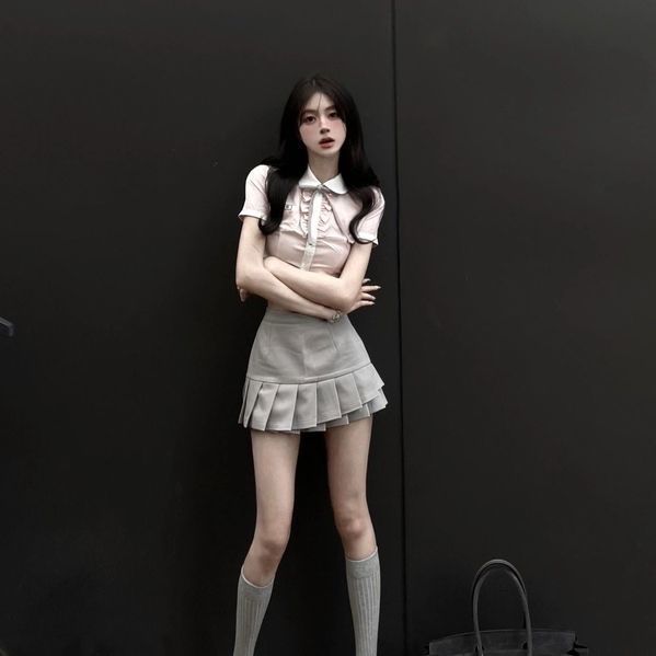 韩系学院风套装JK制服少女粉色收腰衬衫灰色高腰百褶裙辣妹两件套