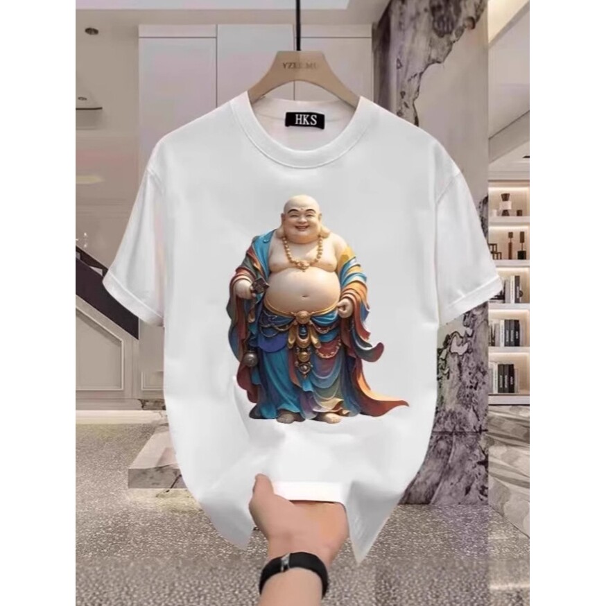 新款潮流男士短袖百搭宽松重磅T恤休闲痞帅彩色笑佛半袖衫ins情侣