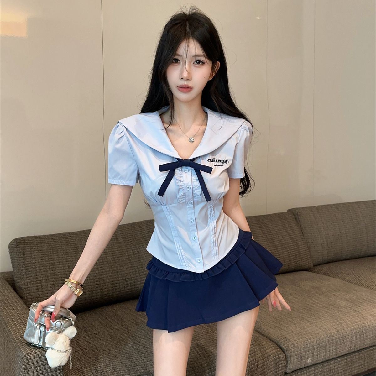 学院风jk套装纯欲减龄娃娃领衬衫上衣高腰修身显瘦百褶半身裙裤