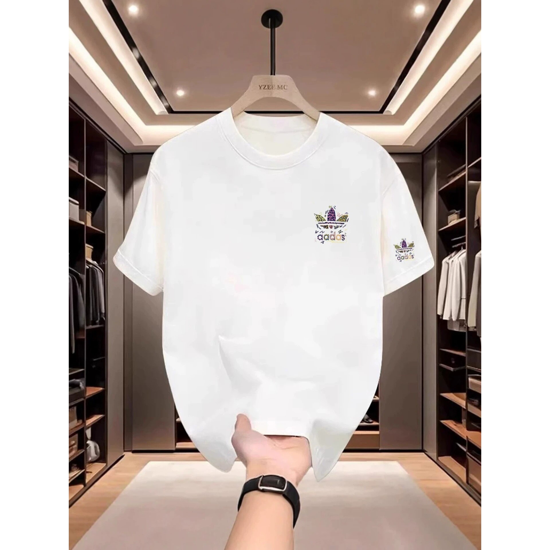 夏季潮牌修身轻奢男士短袖T恤创意彩色字母印花潮流百搭圆领上衣