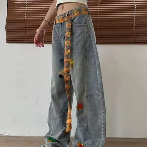 卡通设计感立体刺绣牛仔裤男女春秋弯刀款高腰显瘦宽松直筒阔腿裤
