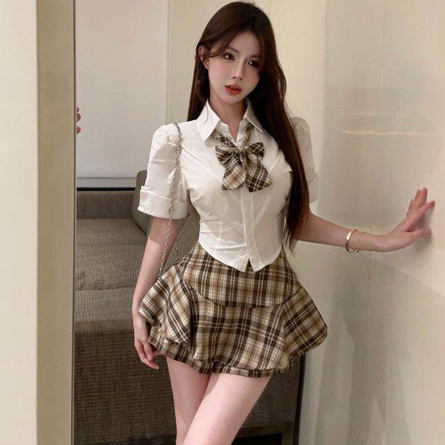 2026夏季纯欲辣妹jk制服短款白衬衫高腰格子蓬蓬裙裤两件套装女