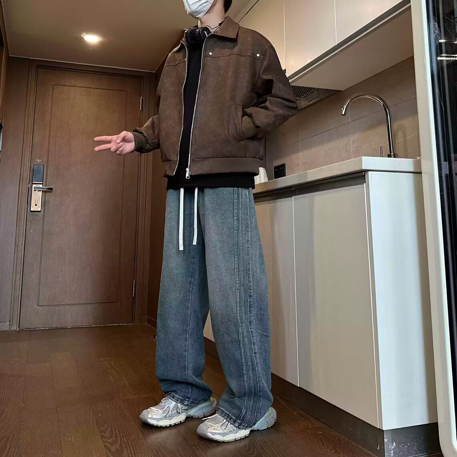美式复古黑色牛仔裤男春款潮牌做旧松紧腰宽松百搭阔腿直筒长裤子