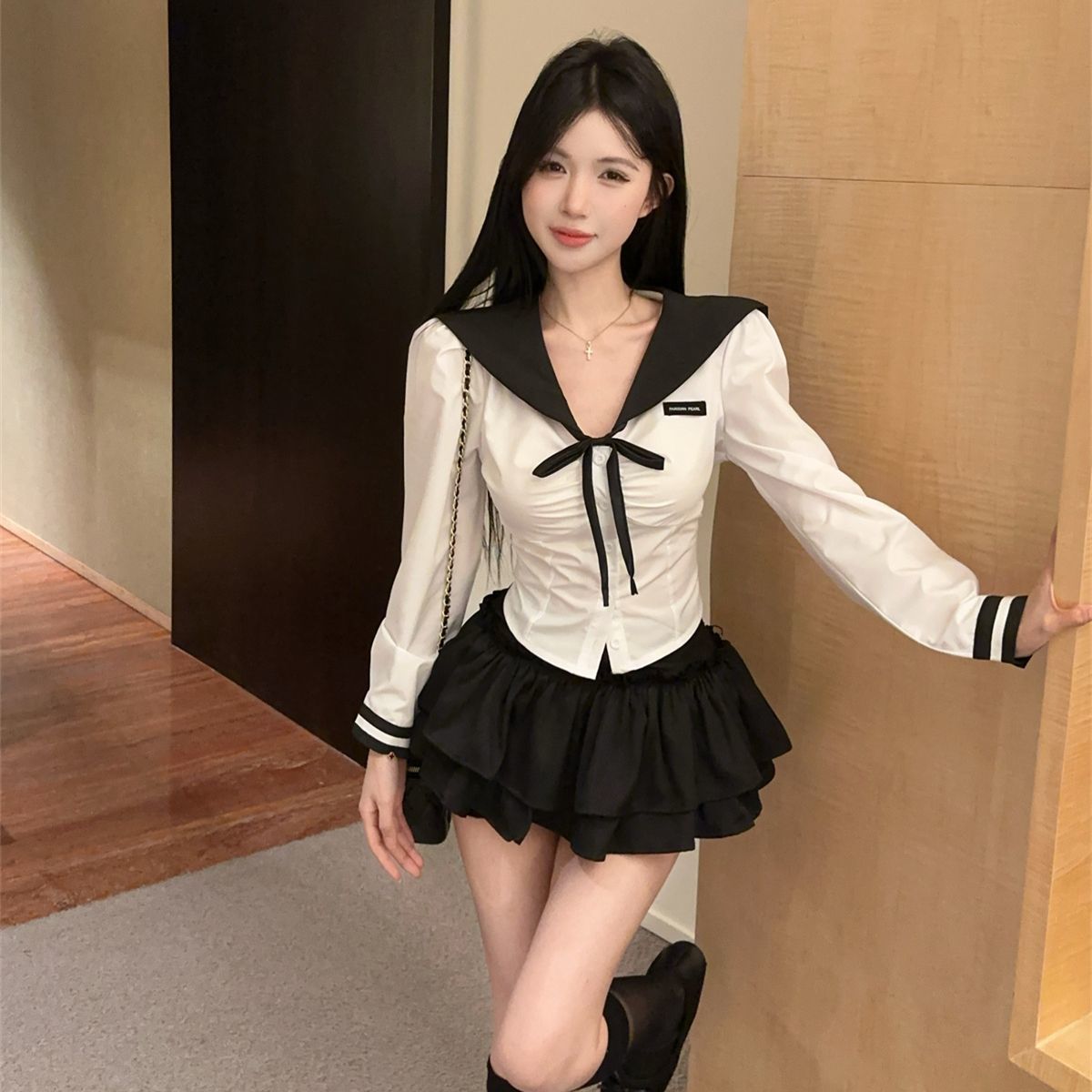 学院风jk套装辣妹长袖领结衬衣蓬蓬蛋糕裤裙子制服时尚两件套新款