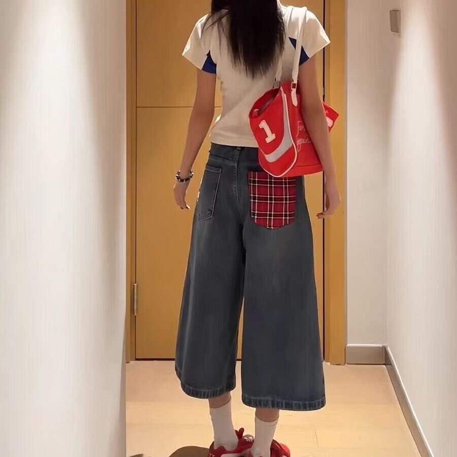 设计感口袋拼接格子牛仔裤男女情侣夏季新款高腰直筒潮七分牛仔裤