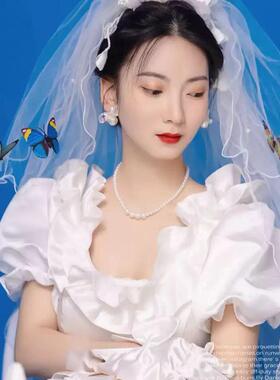 头纱领证登记写真彩色蝴蝶蓬蓬纱