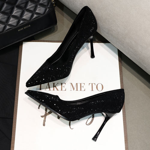 尖头韩版水钻水晶细跟浅口高跟鞋