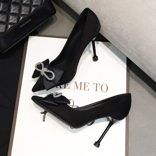 尖头性感水钻蝴蝶结细跟高跟鞋