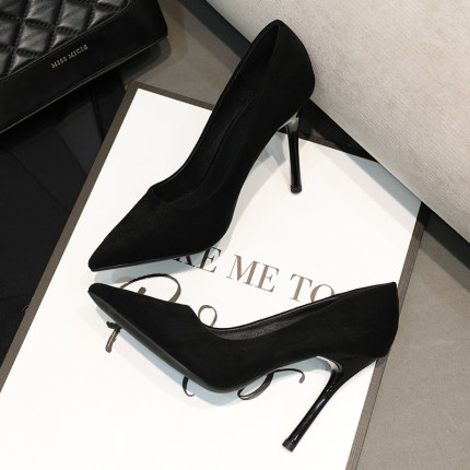 2025年新款百搭尖头工作单鞋黑色高跟鞋女细跟绒面气质职业女鞋子